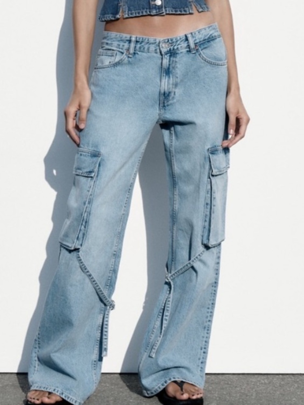 Zara TRF Cargo Cargo Jeans With Belt Loops Blue, Size 6